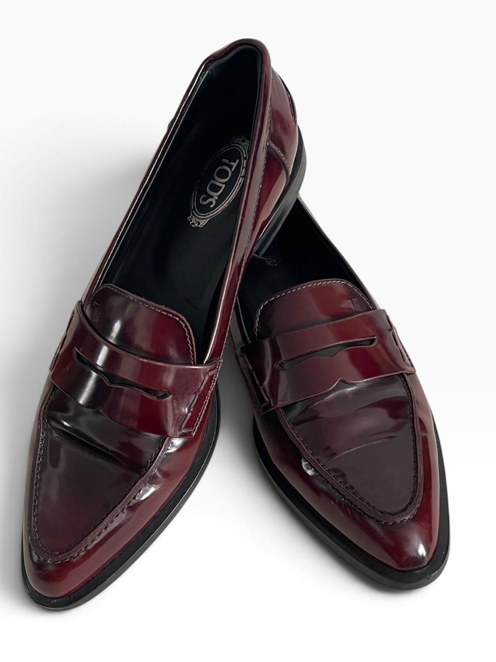 Tod's New Patent Leather Pointed Toe Luxury Penny Loafers Burgundy Cherry 36 Wmn